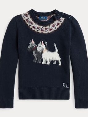NWT Ralph Lauren Intarsia Dog Fair Isle Wool Sweater Girls Size 5 Navy Crewneck